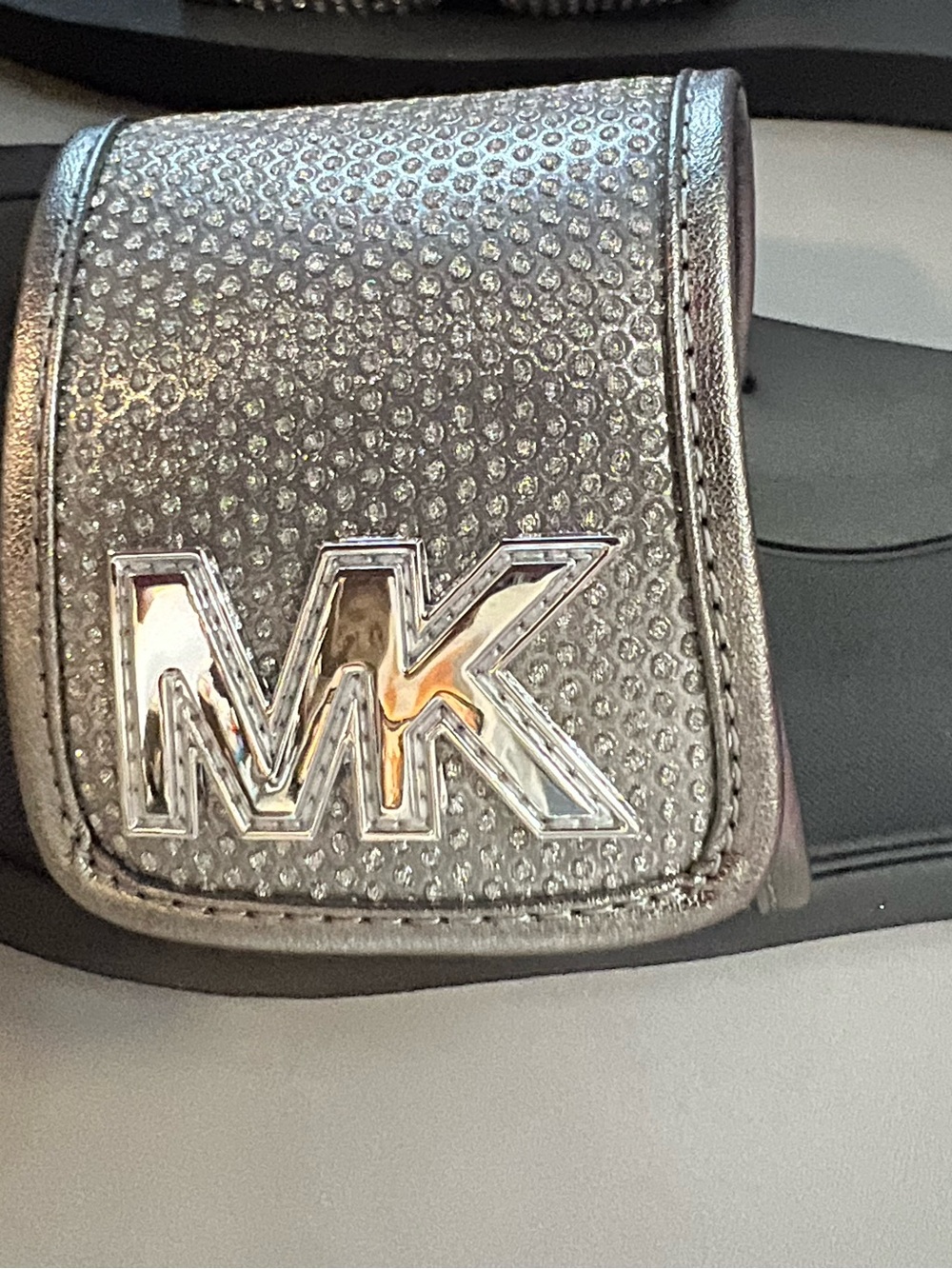 Michael Kors Metallic Logo Slide Sandals in Silver, Gold, and White - Picture 5 of 8